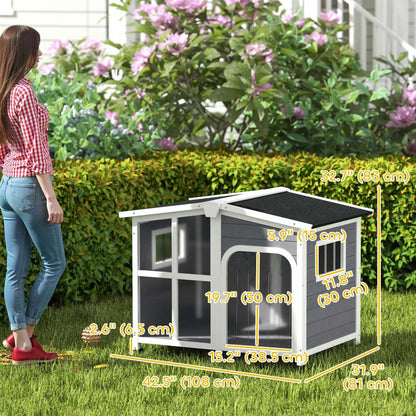 Pawhut Grande Maison en Bois pour Chien de 42 pouces pour l'Extérieur avec Fond Amovible, Chenil surélevé de Style Cabane, avec Toit en Asphalte Ouvrable, Rideau de Porte, Fenêtres Latérales pour Grand Chien, Gris Foncé