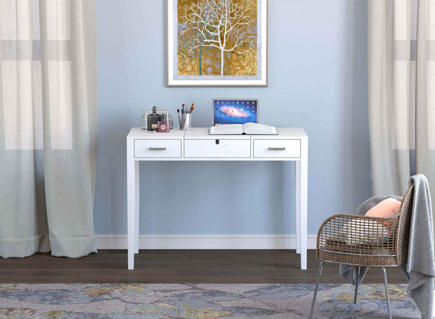 Table console 40" avec 2 tiroirs et 1 miroir rabattable - Blanc | Console de 40 po avec 2 tiroirs et 1 miroir rabattable - blanche