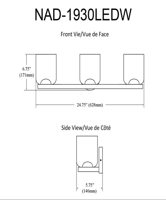 Dainolite Nadine LED Vanity 30w Chrome Poli Verre Clair Lampe|Lumière de coiffeuse Nadine de Dainolite en verre transparent, avec finition chromé poli et ampoule à DEL de 30 W
