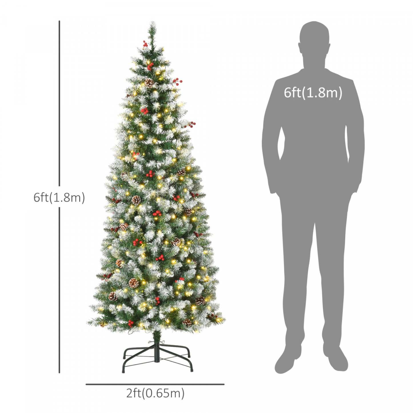 Homcom 6' Pré-éclairé Arbre de Noël Artificiel Flocké avec Pignes, Baies | Homcom Arbre de Noël Artificiel 300 Lumières LED et 618 Embouts