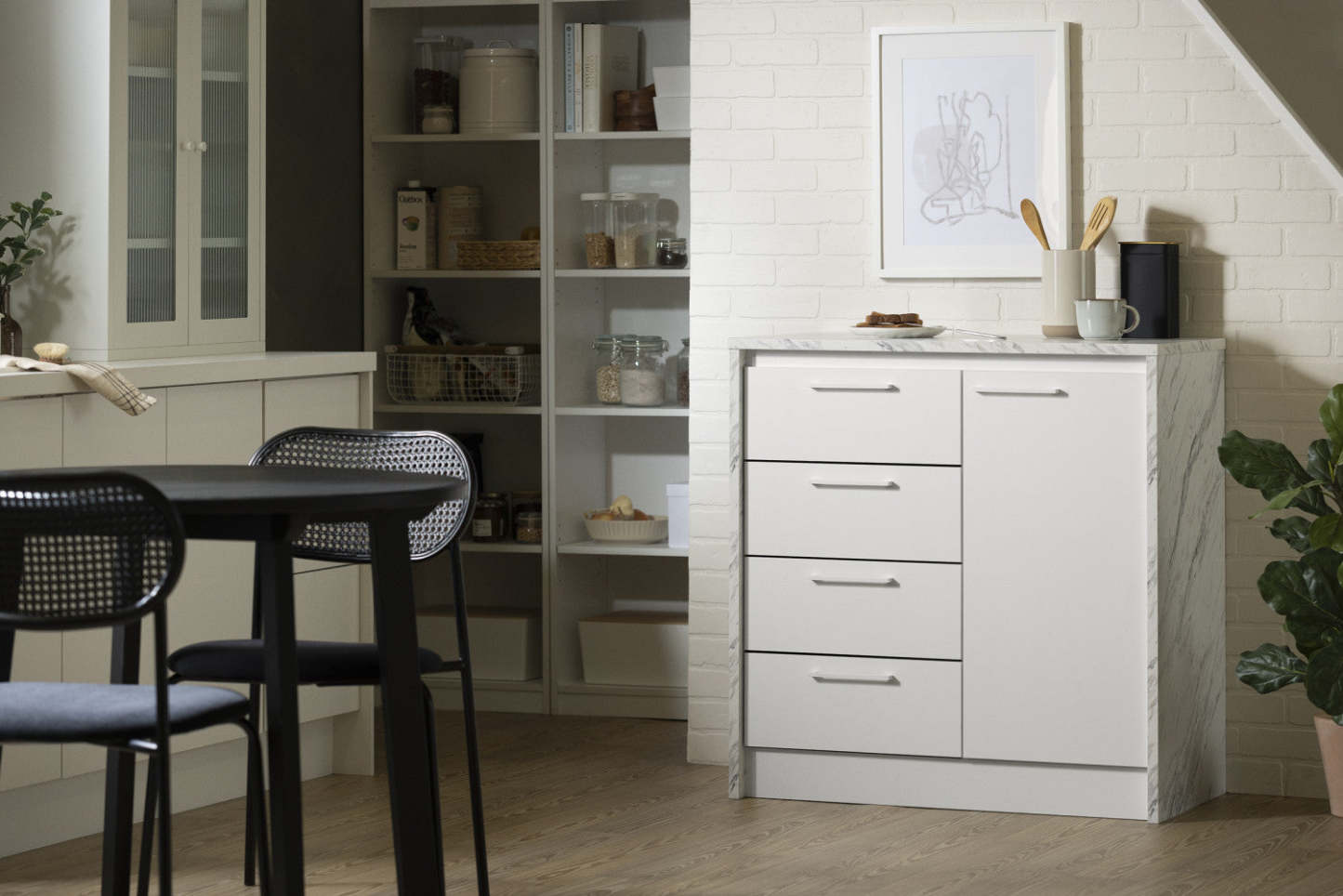 Îlot de cuisine compact Myro avec rangement - Faux marbre blanc et blanc | Îlot de cuisine compact Myro avec rangement - imitation de marbre blanc et blanc