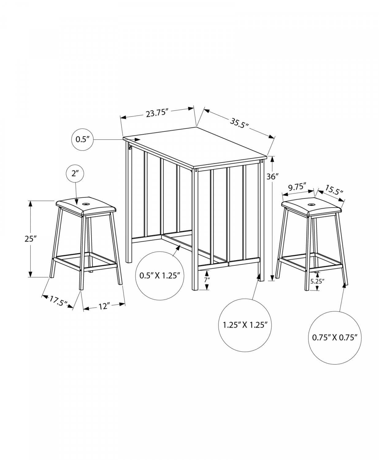Ensemble de salle à manger 3 pièces de hauteur comptoir rectangulaire pour petite cuisine en stratifié gris et métal noir moderne contemporain