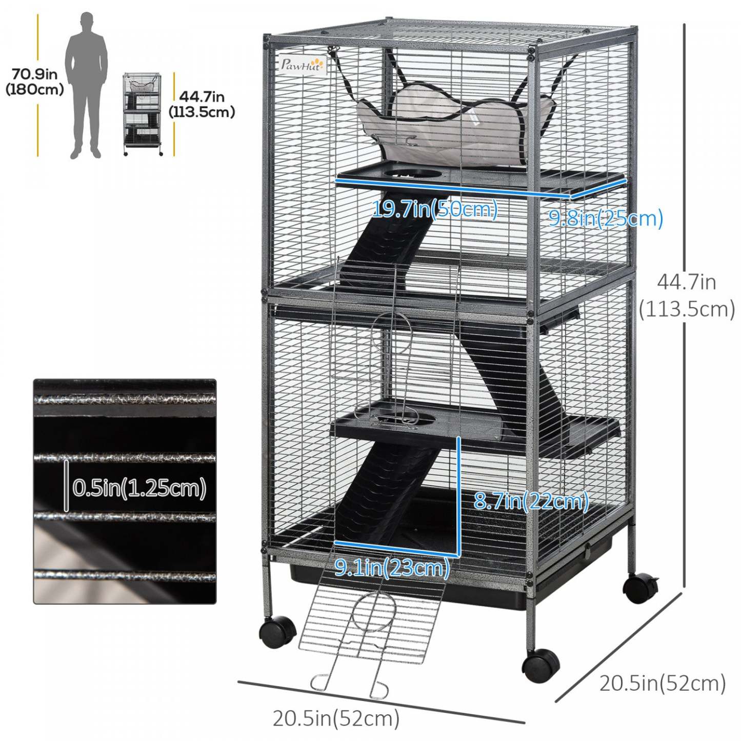 Pawhut Cage à Roulettes 4 Niveaux pour Petits Animaux, Maison de Jeu pour Animaux de Compagnie avec Hamac | Cage Portable pour Petits Animaux avec 2 Portes, Hamac Métal Pp 52 X 52 X 113,5 Cm Gris