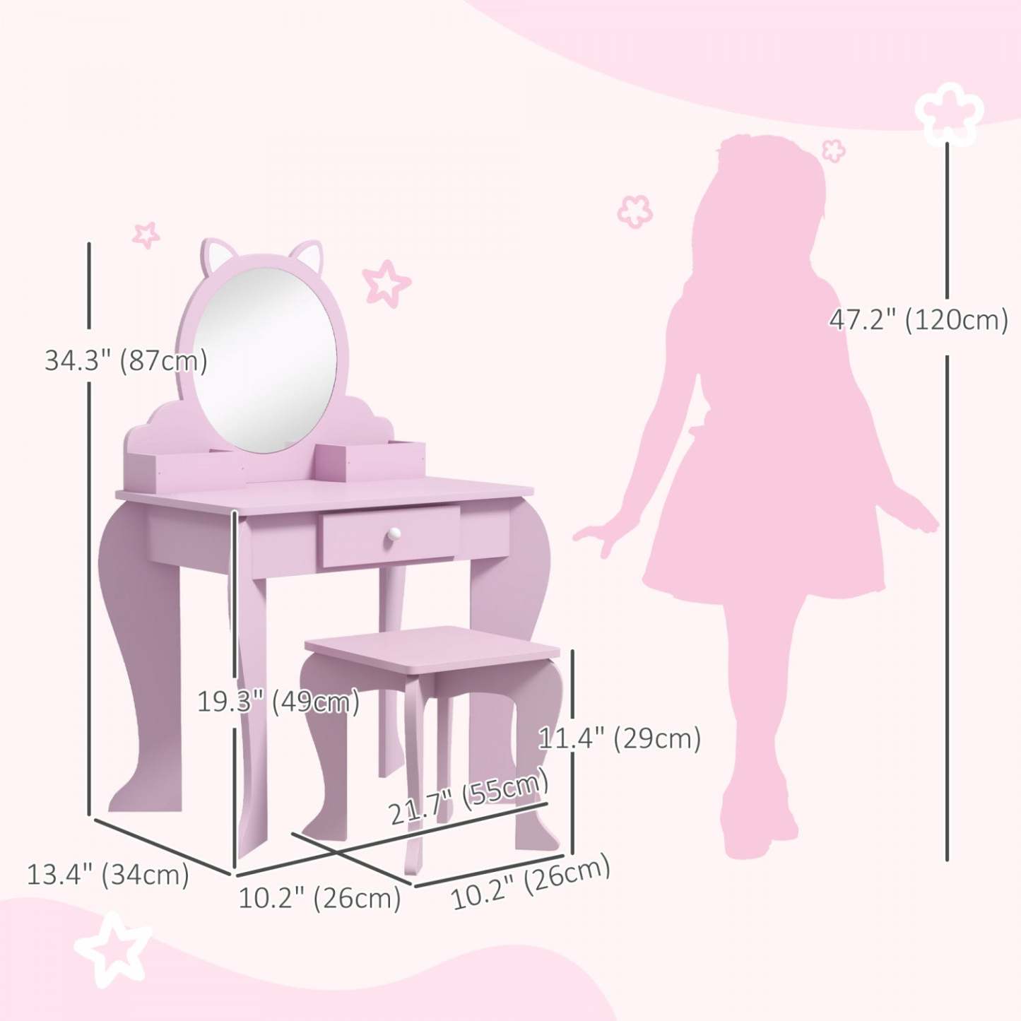Qaba Table De Vanite Pour Enfants Avec Miroir Et Tabouret, Vanite De Maquillage Pour Enfants De 3 À 6 Ans, Avec Tiroir|Qaba Table De Vanite Pour Enfants, Vanite De Maquillage Avec Miroir Et Tabouret, Conception De Chat,