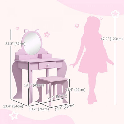Qaba Table De Vanite Pour Enfants Avec Miroir Et Tabouret, Vanite De Maquillage Pour Enfants De 3 À 6 Ans, Avec Tiroir|Qaba Table De Vanite Pour Enfants, Vanite De Maquillage Avec Miroir Et Tabouret, Conception De Chat,