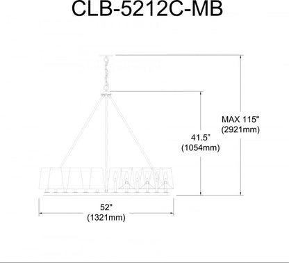 Lustre Colby de Dainolite avec abat-jour blancs, fini noir mat et 12 ampoules