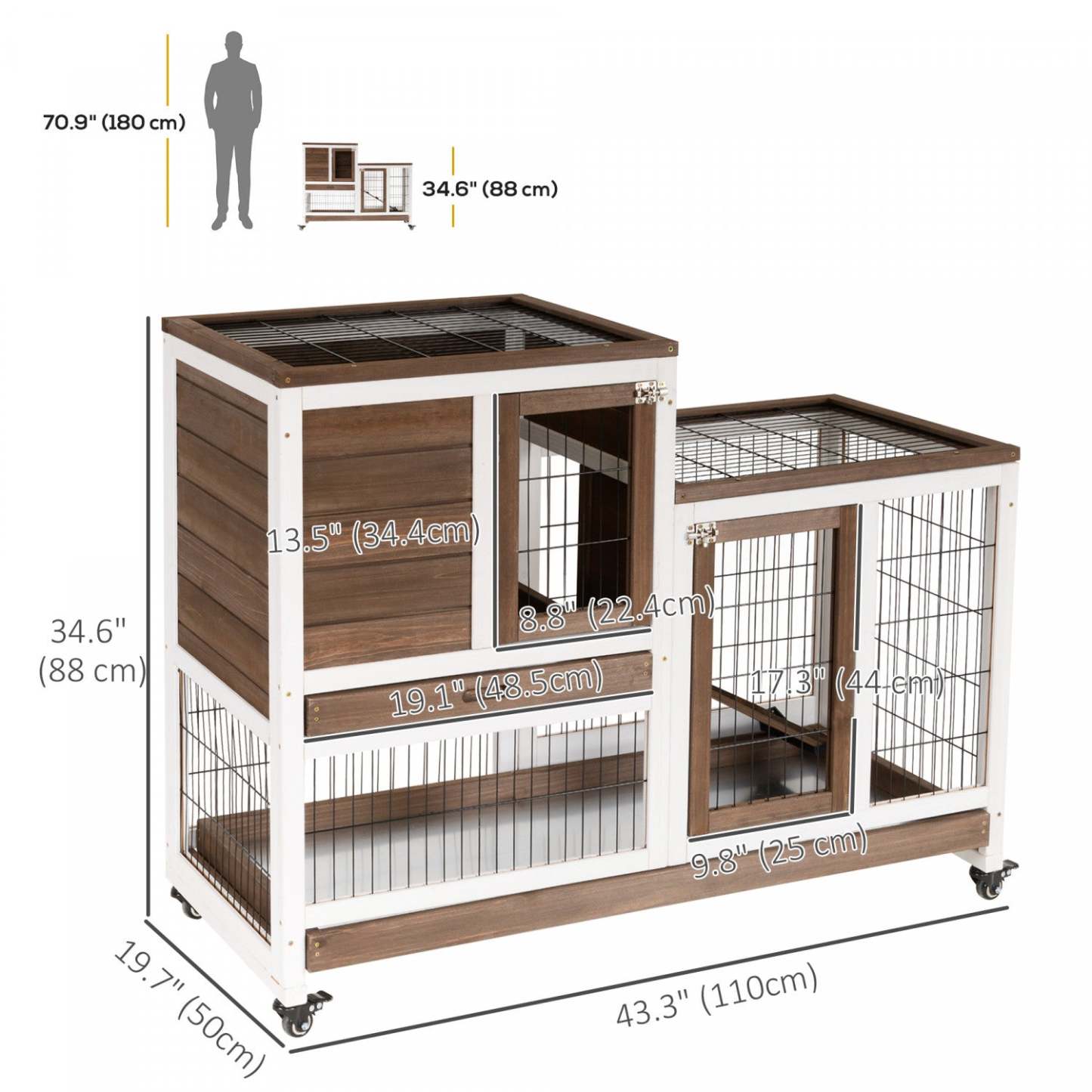 Pawhut Rabbit Hutch Indoor Bunny Cage Guinea Pig House On Wheels With Run, Pull Out Trays, Brown Et|Pawhut Cage A Lapin Surelevee En Bois Habitat Pour Petits Animaux D'intérieur Avec Parcours Ferme Av