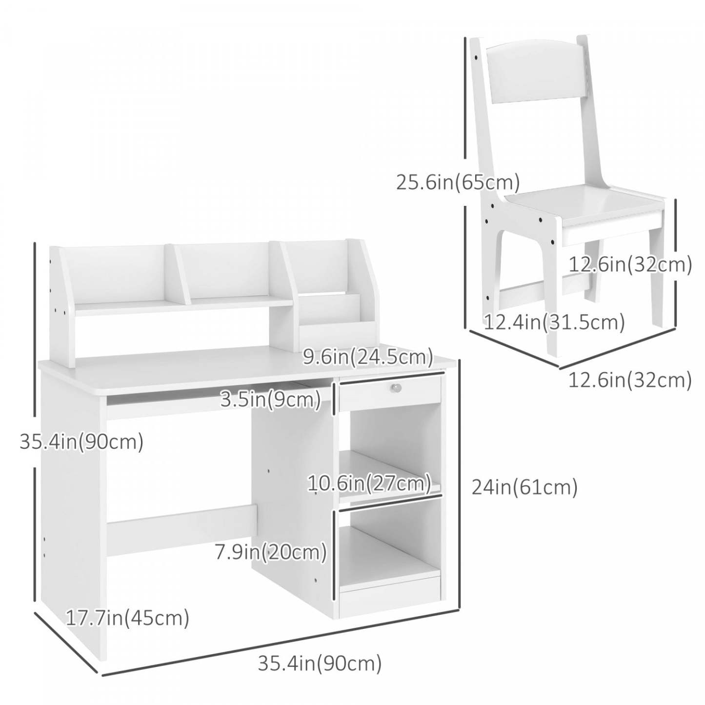 Qaba Ensemble Bureau Et Chaise Pour Enfants De 5 À 8 Ans Avec Rangement, Table D'étude Et Chaise Pour Enfants, Whit