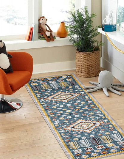 Tapis bleu gypsy lavable en machine - 2'6 x 8'0|Carpette Gypsy bleue lavable à la machine - 2 pi 6 po x 8 pi 0 po|D86FNWUF