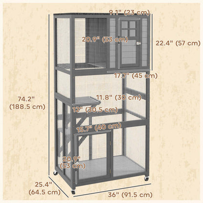 Pawhut Maison D'extérieur En Bois Pour Chat De 74, Résistante Aux Intempéries Et À Roulettes, Enclos Pour Chat En Extérieur Avec Haute We