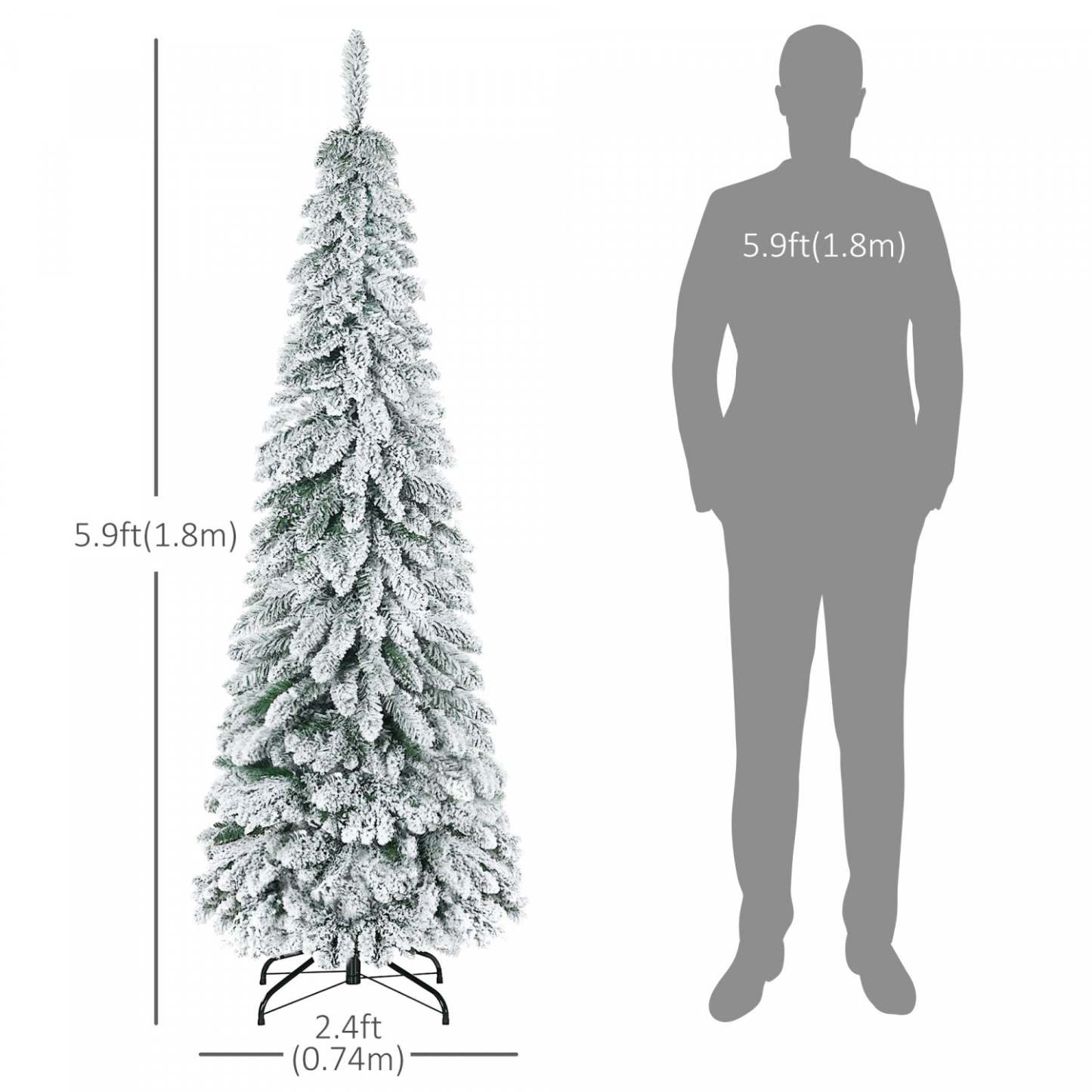 Homcom 6' Downswept Slim Snow Artificial Christmas Tree With Steel Base|Homcom Sapin de Noël Fin Artificiel de 6 Pi avec Base en Acier et Neige