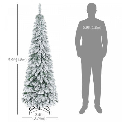 Homcom 6' Downswept Slim Snow Artificial Christmas Tree With Steel Base|Homcom Sapin de Noël Fin Artificiel de 6 Pi avec Base en Acier et Neige