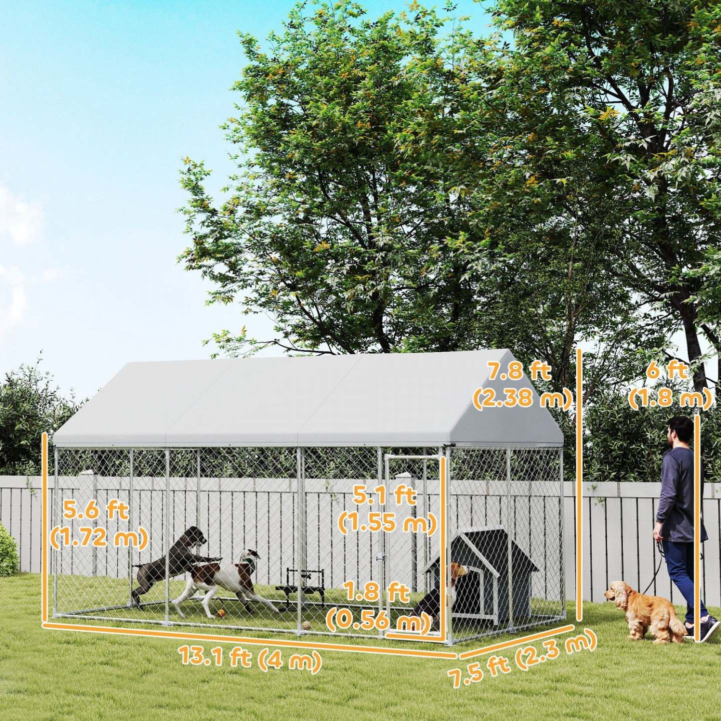 Pawhut Grande Chatterie Pour Chien Avec Toit Et Verrouillage Sécurisé, Enclos Pour Chien En Acier Galvanisé Résistant Avec Couverture Imperméable Et Résistante Aux UV, 13.1' X 7.5' X 7.8'