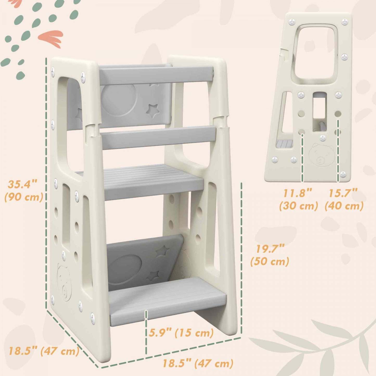 Qaba Tabouret A 2 Marches Pour Bambin Avec Plateforme A Hauteur Reglable Et Rail De Securite, Crème
