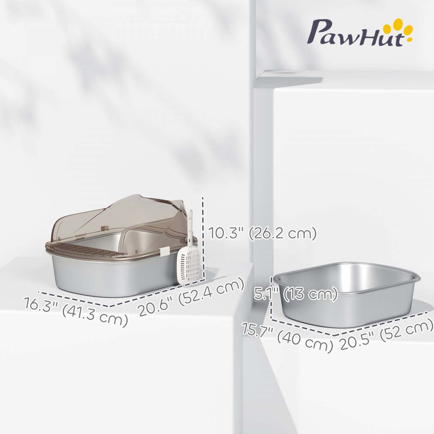 Pawhut Bac à Litière en Acier Inoxydable pour Chat avec Couvercle, Plateau en Métal pour Chat avec Enceinte à Bords Élevés, Marches et Pelle, Non-collant et Anti-fuite d'urine, Nettoyage Facile