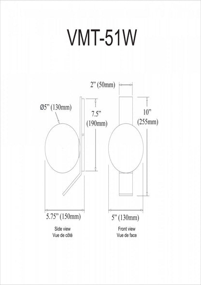 Dainolite Valemont 1 Light Wall Sconce Small Matte Black Opal White Glass Lamp|Petite applique murale Valemont de Dainolite en verre blanc opale, avec finition noire mate et 1 ampoule