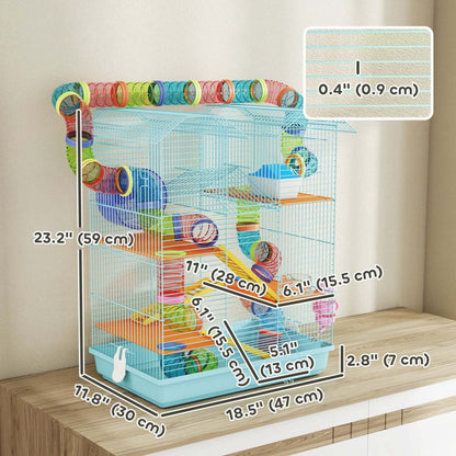 Pawhut 18.5 Cage à Hamster, Maison pour Petit Animal à 5 Niveaux avec Système de Tube de Tunnel, Roue d'Exercice, Bouteille d'Eau, Gamelle, Rampe, Bleu Clair