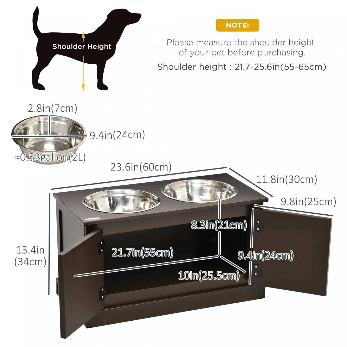 Pawhut Grand Support de Rangement pour Gamelles de Chiens Élevées, Cabinet de Rangement pour Nourriture de Chiens avec 2 Inox