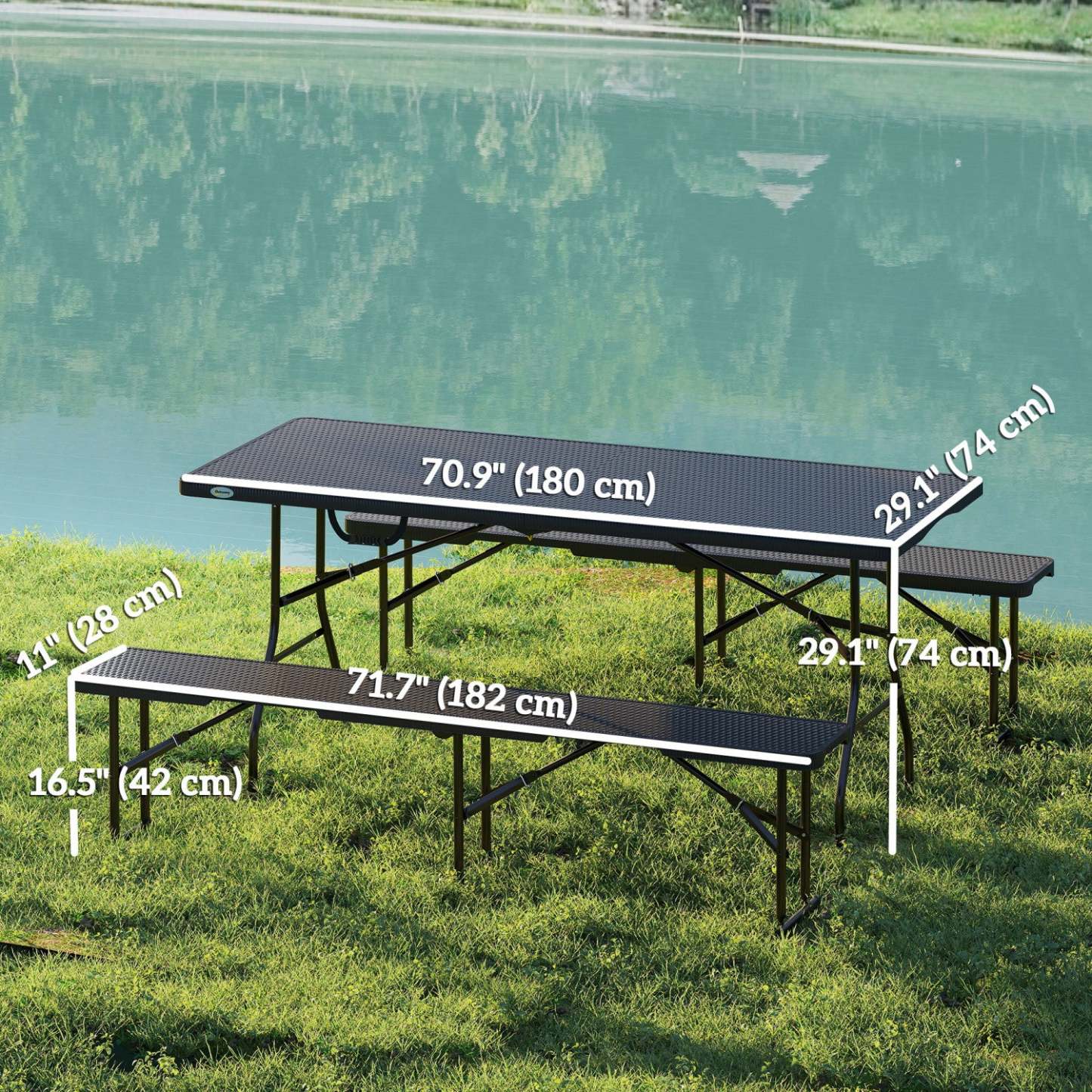 Outsunny table de pique-nique pliante en faux rotin de 6 pieds en 3 pièces avec 2 bancs, noire