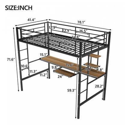 Lit mezzanine simple en métal Andy avec bureau et éclairage LED - Noir | Andy – Lit mezzanine simple en métal avec bureau et éclairage LED, design gain de place – Noir