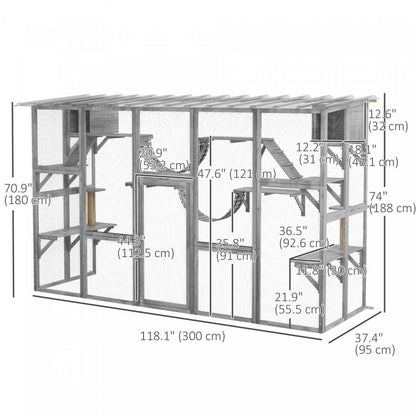 Pawhut Catio, Grande Enceinte Extérieure Pour Chats Avec Condos Pour Chats, Plates-formes, Échelles, Portes, Résistante aux intempéries
