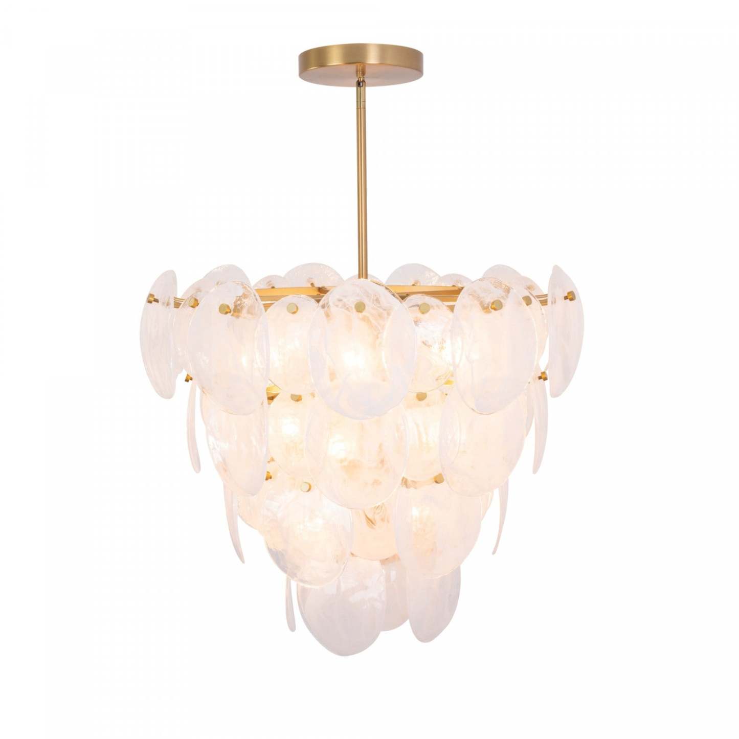 Lustre A 13 lampes Lily, Laiton Brosse Et Verre Genre Murano Blanc Vaporeux