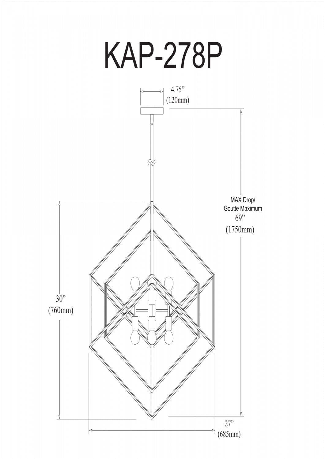 Dainolite Kappa 8 Light Pendant Polished Chrome/Matte Black Finish Lamp|Luminaire suspendu Kappa de Dainolite avec fini chromé poli et noir mat, et 8 ampoules