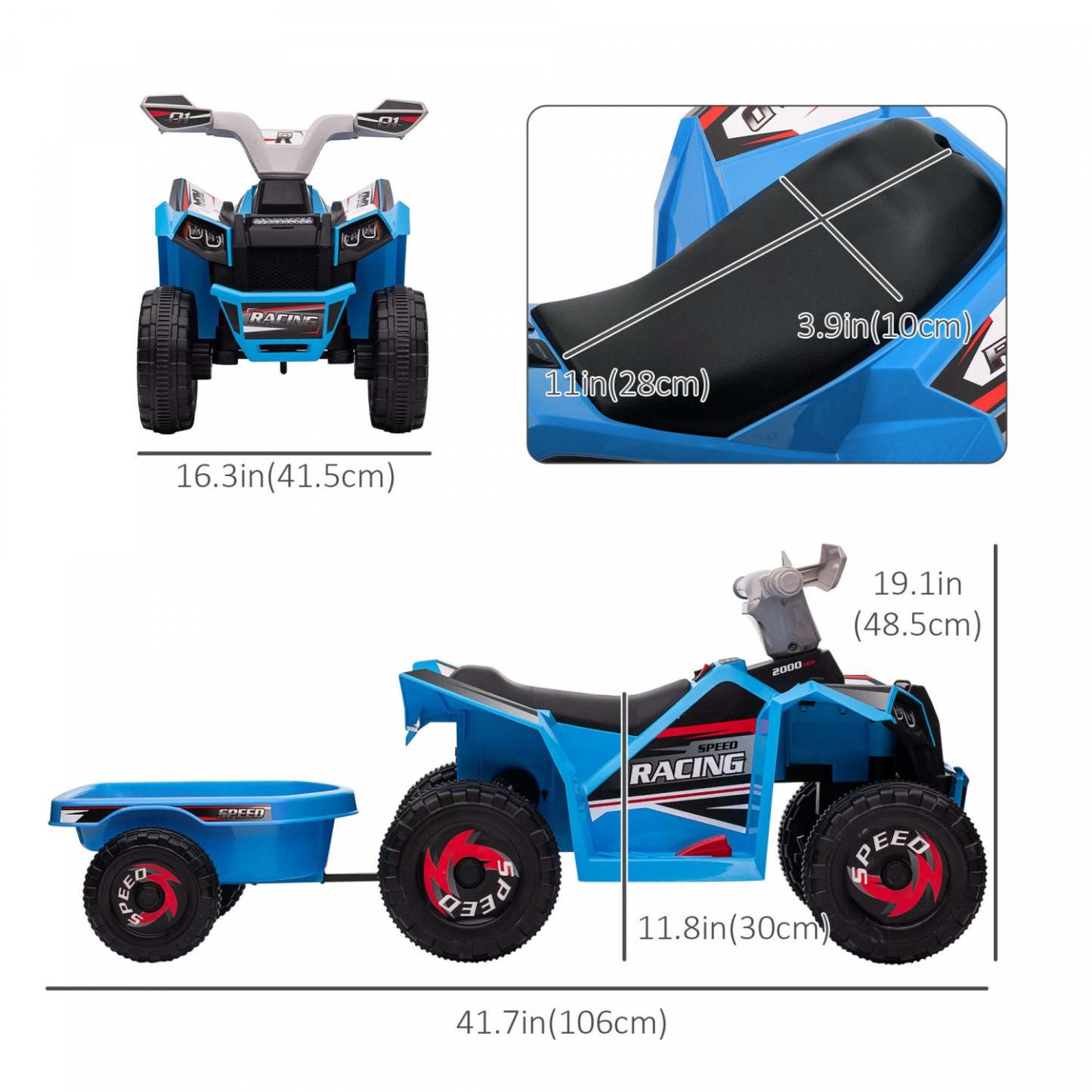 Aosom Quad 6 V Pour Enfants, Véhicule Électrique Alimenté Par Batterie À 4 Roues Avec Remorque Arrière