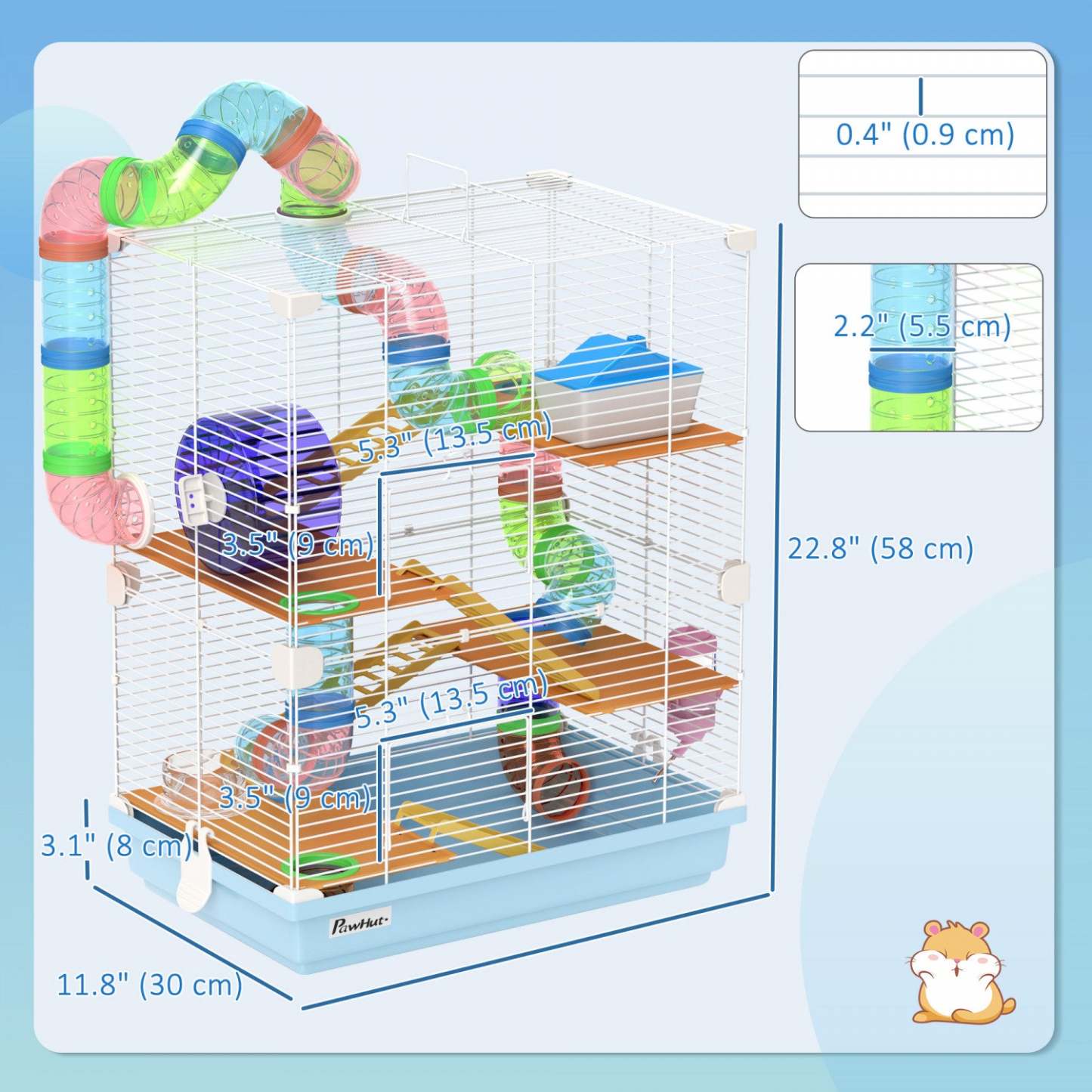 Pawhut Cage à Hamster 5 Niveaux Transportable Habitat pour Animaux avec Roues d'Exercice Tube de Jeu Bouteille d'Eau Assiettes Maison Échelle pour Gerbilles, Bleu Clair