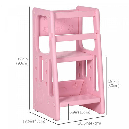 Qaba Tabouret Pour Enfants 2 Marches Avec Plateforme Réglable En Hauteur Et Rail De Sécurité, Rose|Qaba Toddler Kitchen Helper 2 Step Stool With Adjustable Height Platform And Safety Rail, Pink