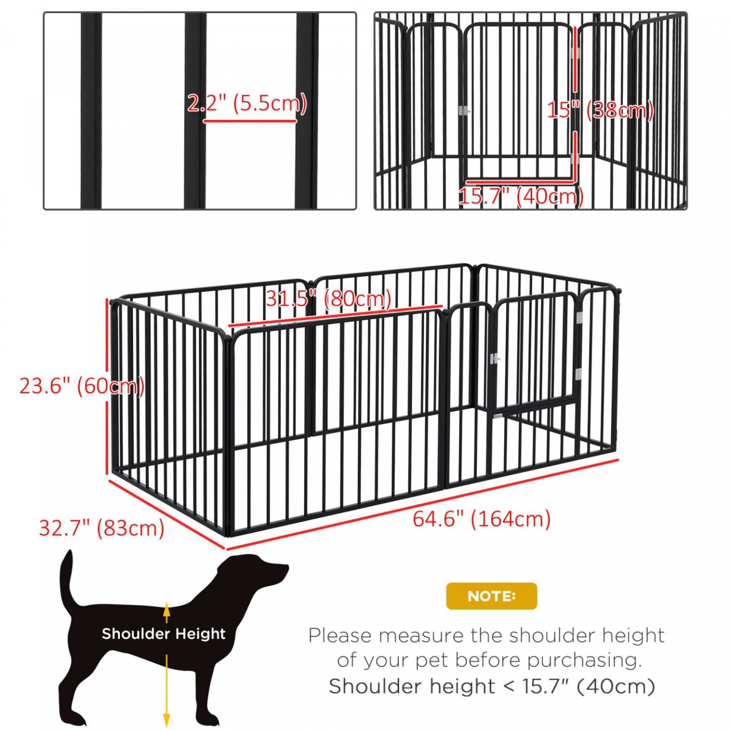 Pawhut Heavy Duty Dog Playpen, 6 Panneaux 24 Hauteur Acier Enclos D'exercice Pour Chiots, Design DIY, Extérieur