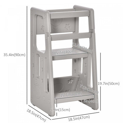 Qaba Tabouret De Cuisine Pour Tout-petits 2 Étapes Avec Plateforme À Hauteur Réglable Et Rampe De Sécurité, Gris|Qaba Tabouret De Cuisine Pour Tout-petits Avec Trois Hauteurs Reglables, Gris