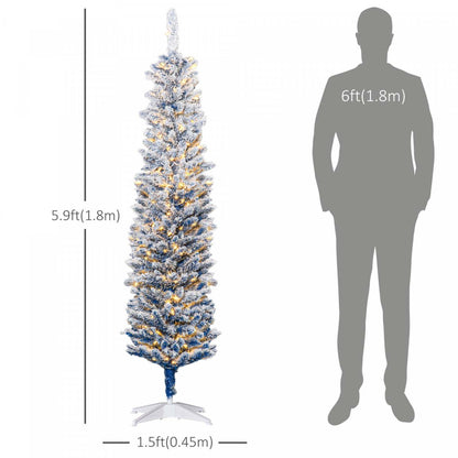 Homcom Arbre de Noël artificiel floqué mince de 6 pi avec lumière, bleu | Homcom Arbre de Noël Artificiel Pré-éclairé de 6 Pi, Pointes Enneigées