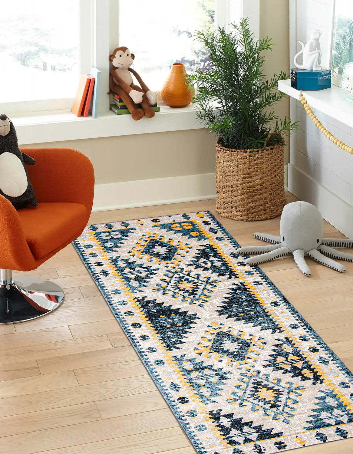 Tapis mosaïque taupe/bleu lavable en machine - 2'6 x 8'0|Carpette Mosaic taupe et bleue lavable à la machine - 2 pi 6 po x 8 pi 0 po|D86FKSIA