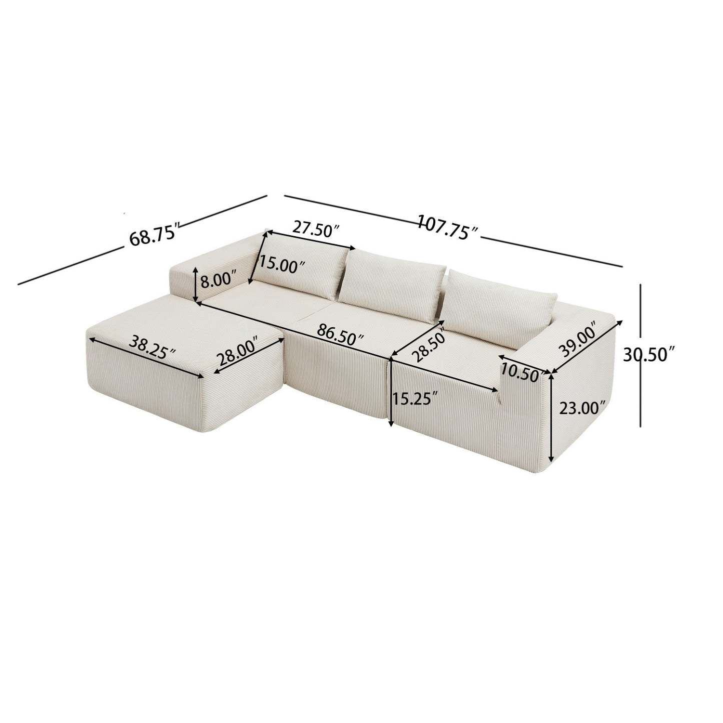 Canapés Modulaires Compressés Paula En Tissu Côtelé, Dossier À Coussins - Beige