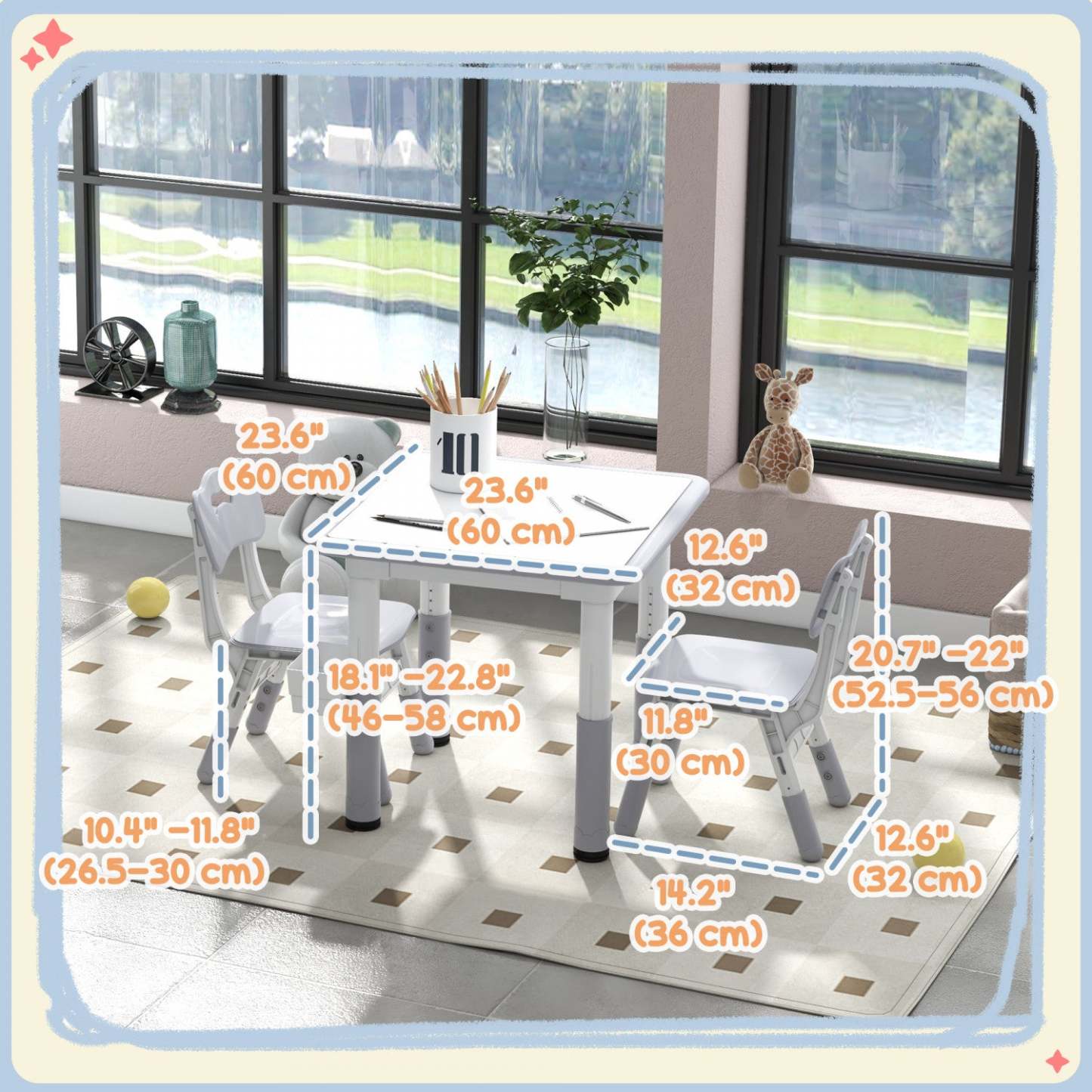 Qaba Ensemble Table Et Chaises Pour Enfants, 3 Pcs, Table Et Chaises réglables En Hauteur Avec Rangement