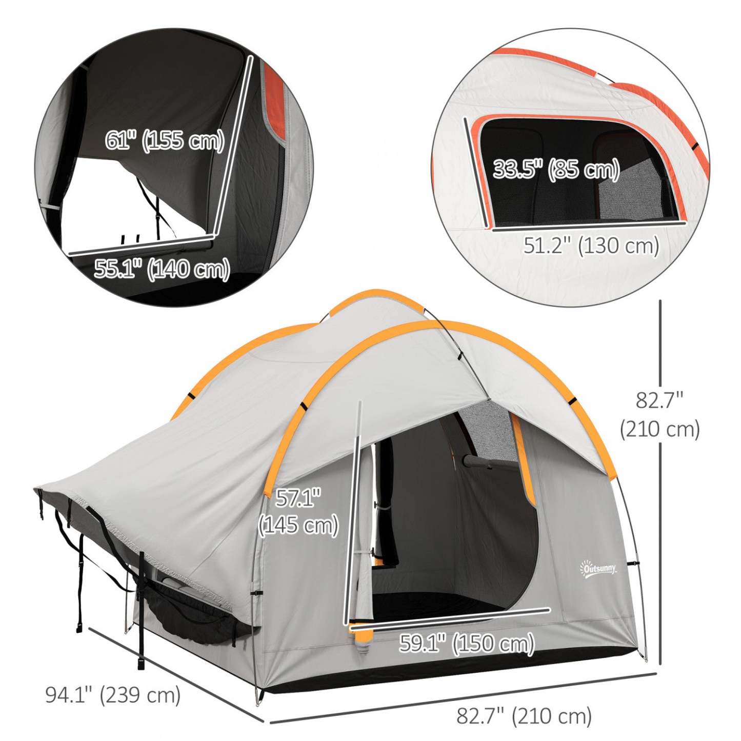 Outsunny Tente De Camping Pour Voiture Avec 3 Portes, 2000mm Imperméable, Gris Et Orange|Outsunny Car Camping Tent With 3 Doors, Grey And Orange