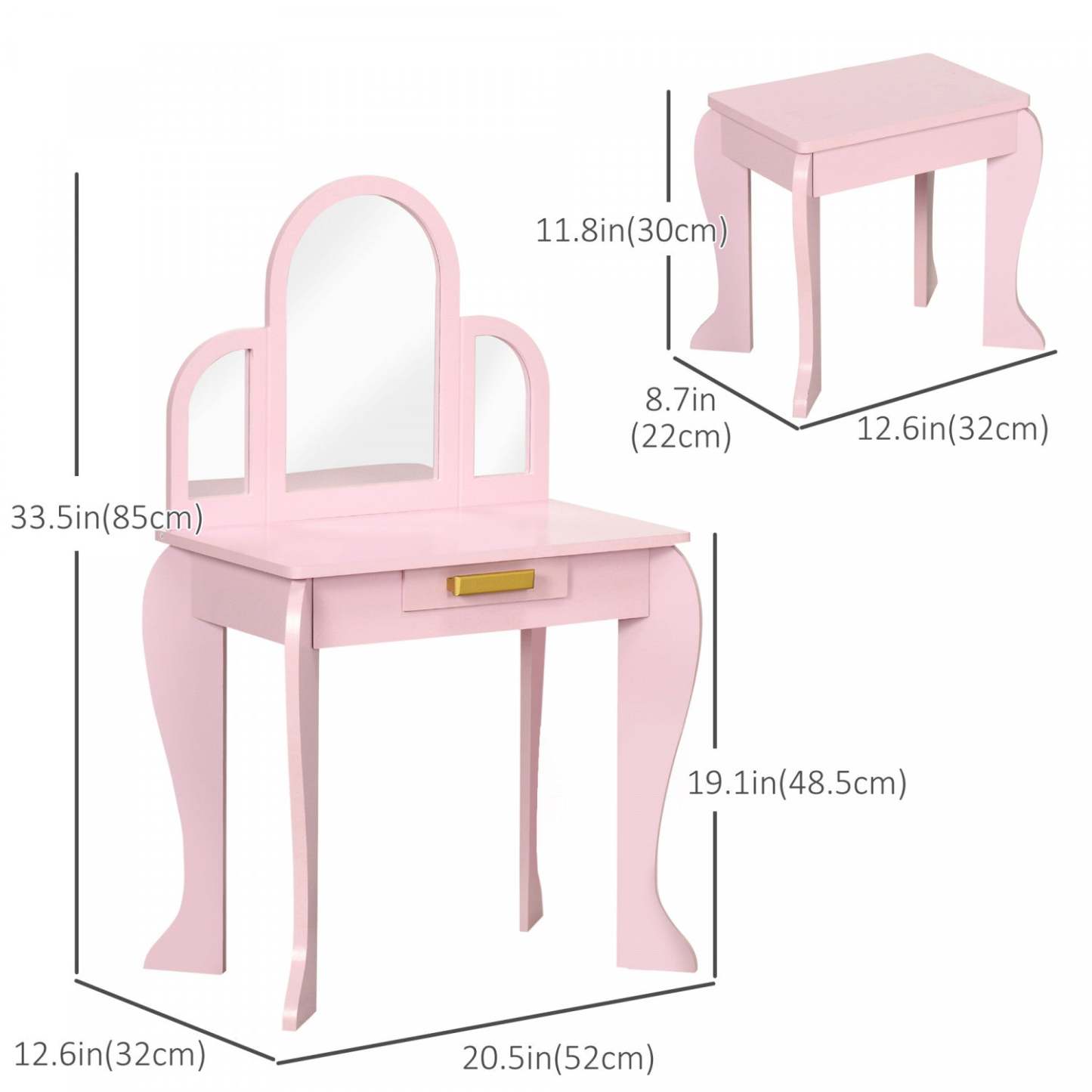 Qaba Ensemble Table De Maquillage Et Chaise, Ensemble De Coiffure Pour Filles, Bureau De Maquillage Avec Tiroir Pour Enfants De 3 À 6 Ans