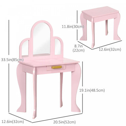 Qaba Ensemble Table De Maquillage Et Chaise, Ensemble De Coiffure Pour Filles, Bureau De Maquillage Avec Tiroir Pour Enfants De 3 À 6 Ans
