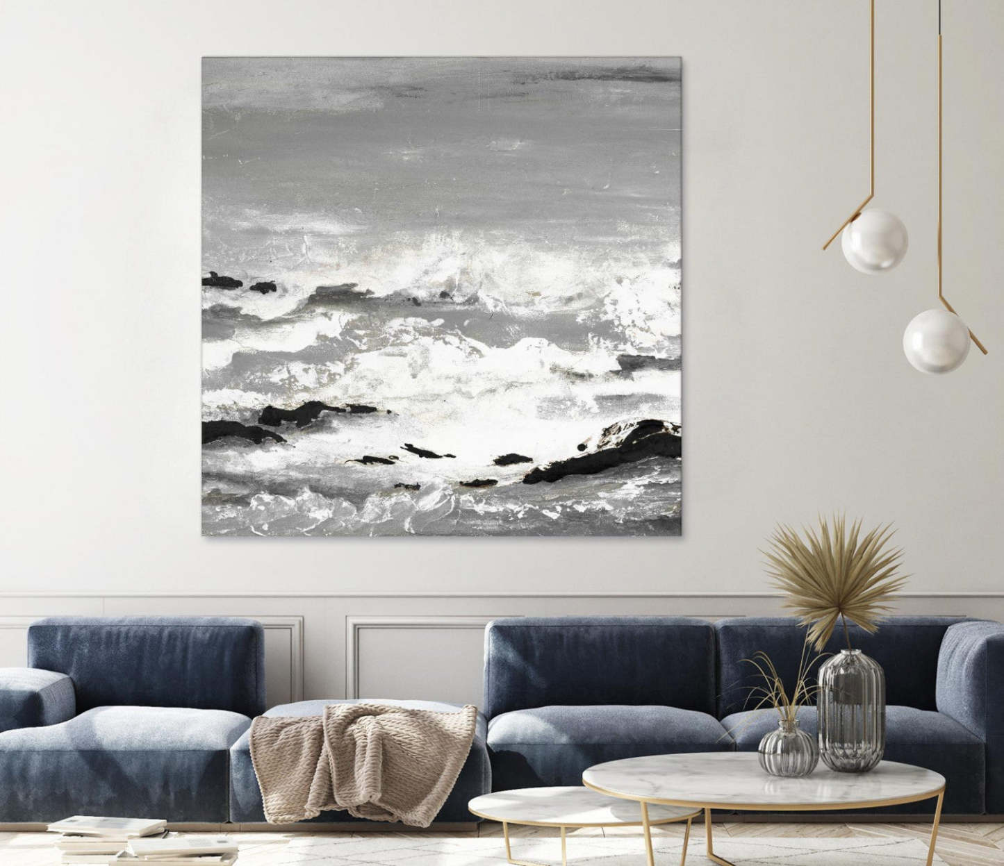 Œuvre d'art murale géante « Rochers et vagues » 72 x 72