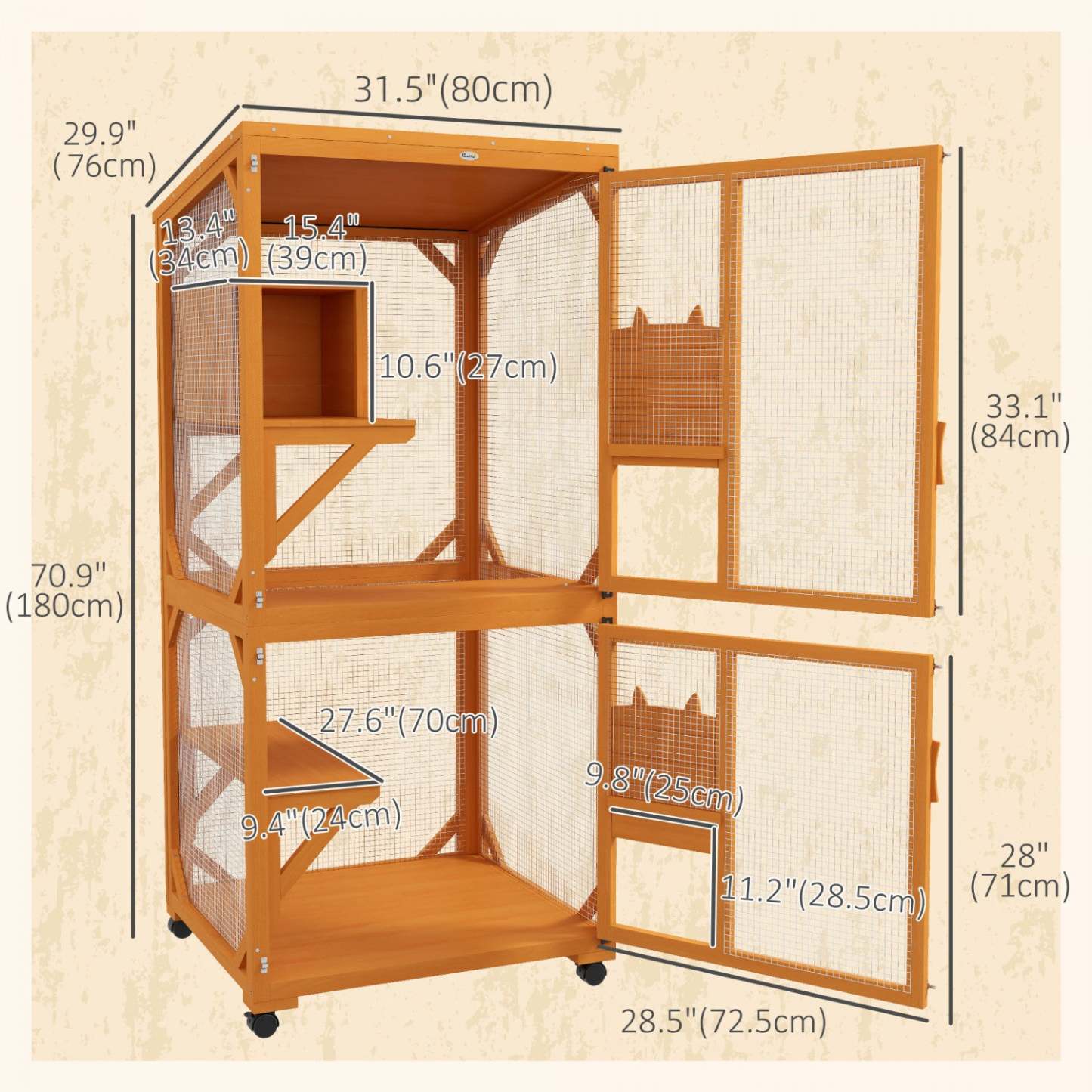 Pawhut 71 H Grande Catio Enclos Extérieur pour Chats, Maison en Bois pour Chatons pour Patio, Design Élevé avec Roues, Boîte de Repos, Résistante à l'Eau, Multi-Plateformes, Pour 1-3 Chats, Orange