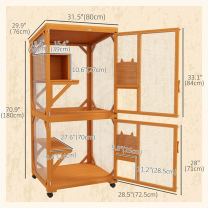 Pawhut 71 H Grande Catio Enclos Extérieur pour Chats, Maison en Bois pour Chatons pour Patio, Design Élevé avec Roues, Boîte de Repos, Résistante à l'Eau, Multi-Plateformes, Pour 1-3 Chats, Orange