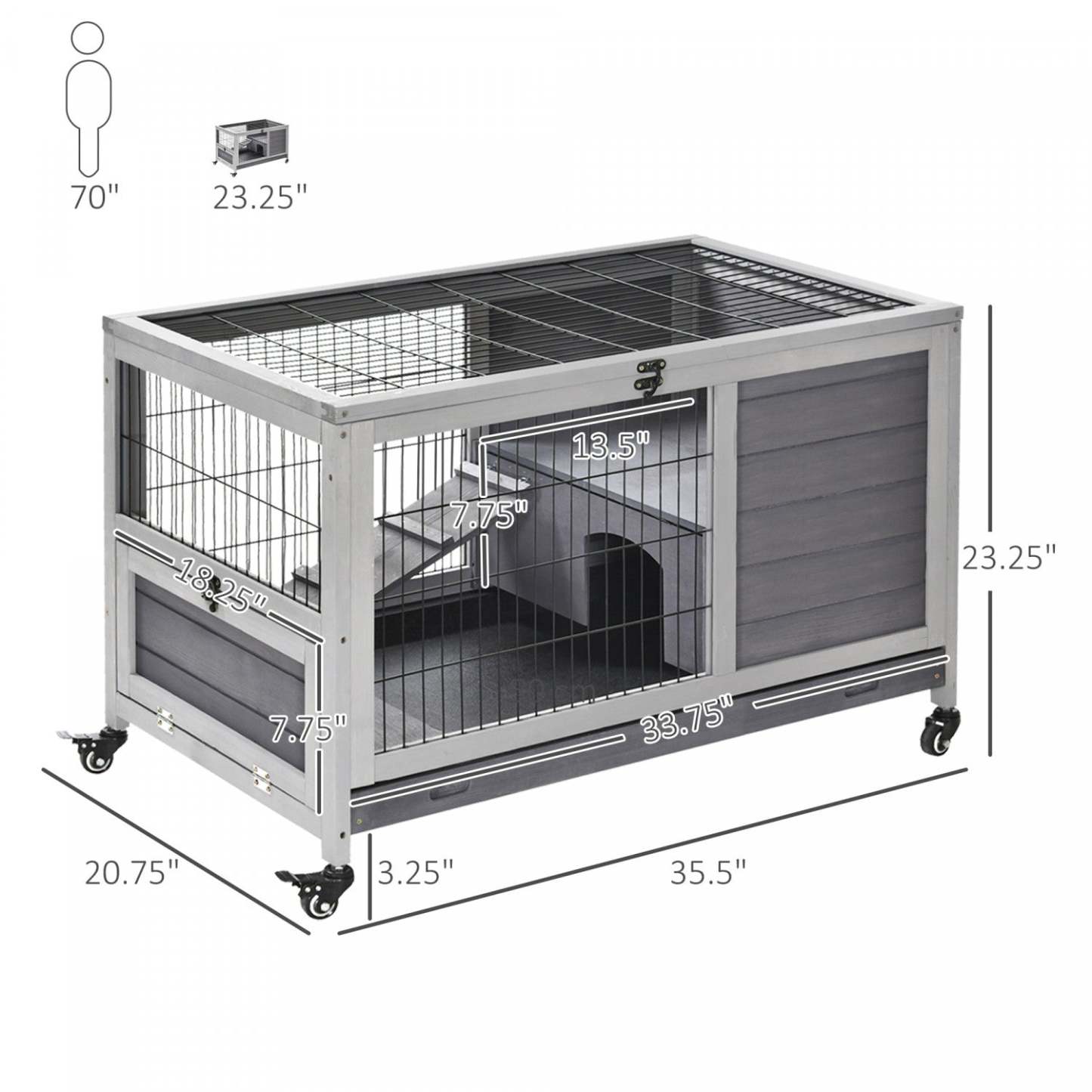 Pawhut Huche D'interieur En Bois Pour Lapin Avec Cage Surelevee Avec Enclos Ferme Avec Roues, Ideal