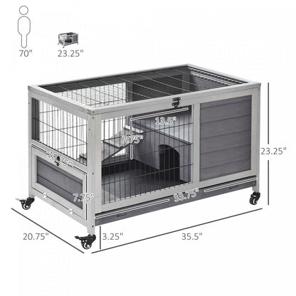 Pawhut Huche D'interieur En Bois Pour Lapin Avec Cage Surelevee Avec Enclos Ferme Avec Roues, Ideal