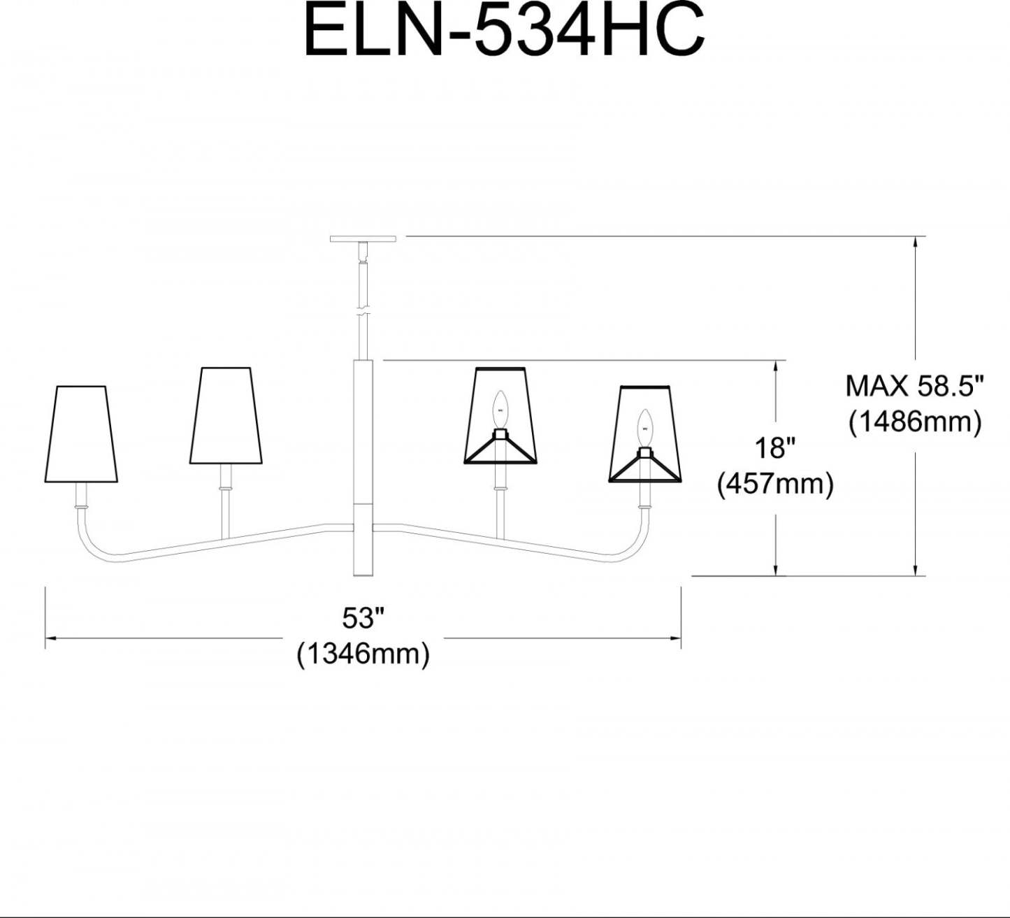 Dainolite Eleanor 4 Light Horizontal Chandelier Matte Black Black/Gold Shades Lamp|Lustre horizontal Eleanor de Dainolite avec abat-jour noir et doré, fini noir mat et 4 ampoules