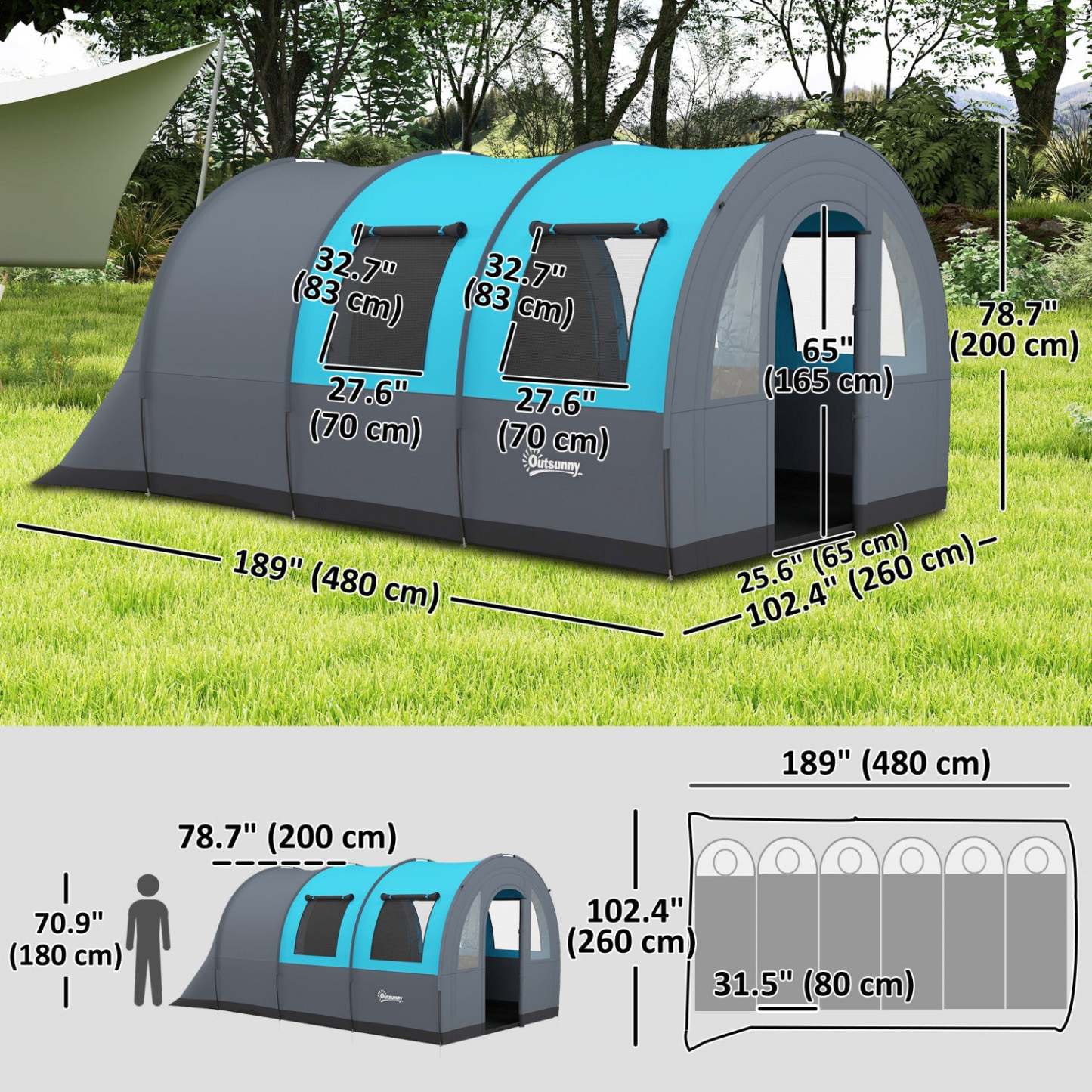 Outsunny Tente de Camping 5-6 Personnes, Tente Familiale Tunnel Imperméable, Gris/Bleu