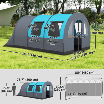Outsunny Tente de Camping 5-6 Personnes, Tente Familiale Tunnel Imperméable, Gris/Bleu