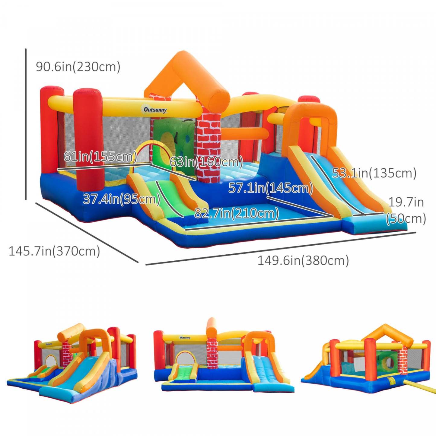 Outsunny 4 En 1 Château Gonflable Thématique Pour Enfants Avec Grandes Glissières Doubles &amp; Trampoline Piscine Gonflable Wit|Outsunny 4 En 1 Château Gonflable Extra Large Double Glissières Maison Piscine Mur D'escalade Avec Sac De