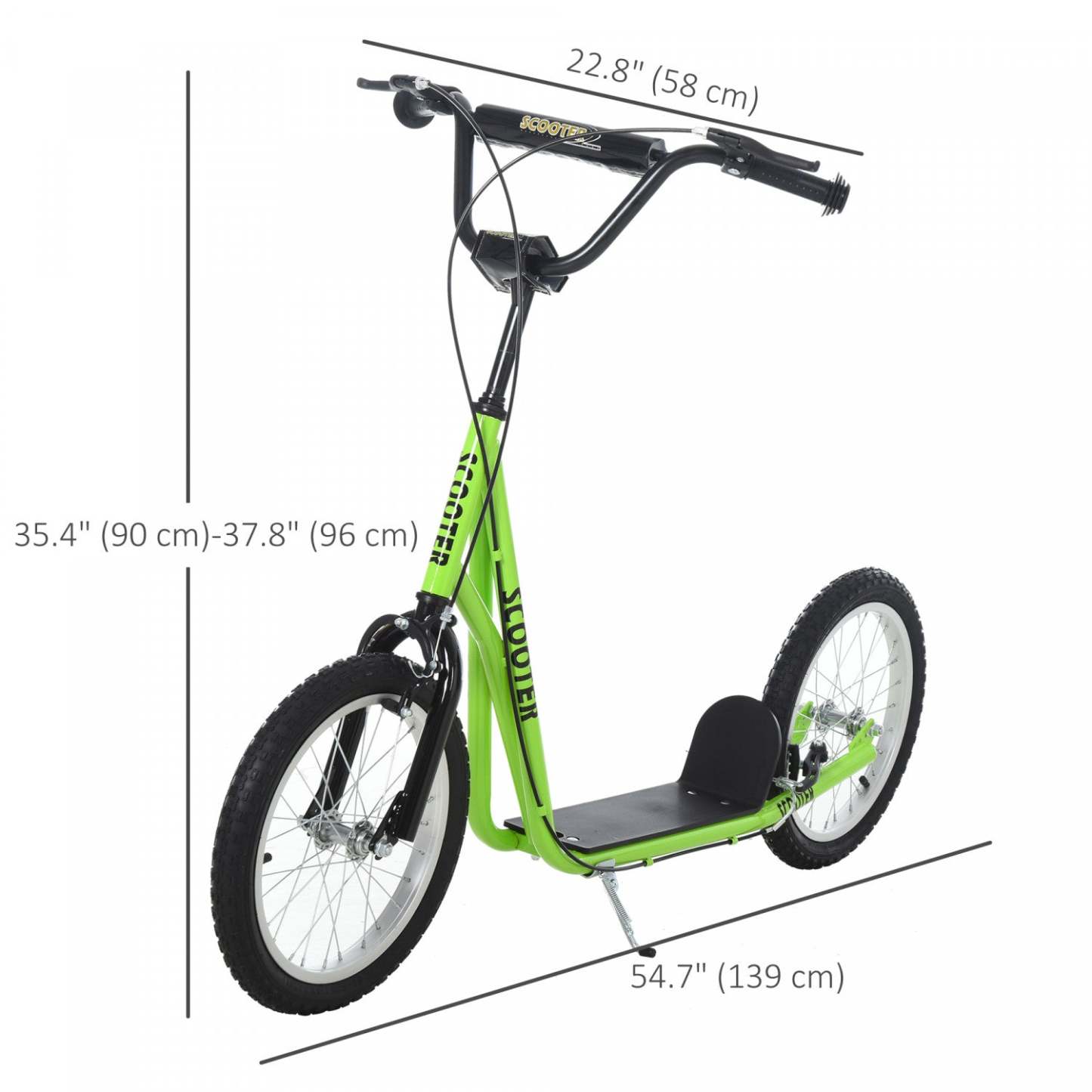 Trottinette Aosom pour jeunes, trottinette de rue pour adolescents, jouet à conduire avec roue gonflable de 16'', double freins pour les enfants de 5 ans et plus, verte