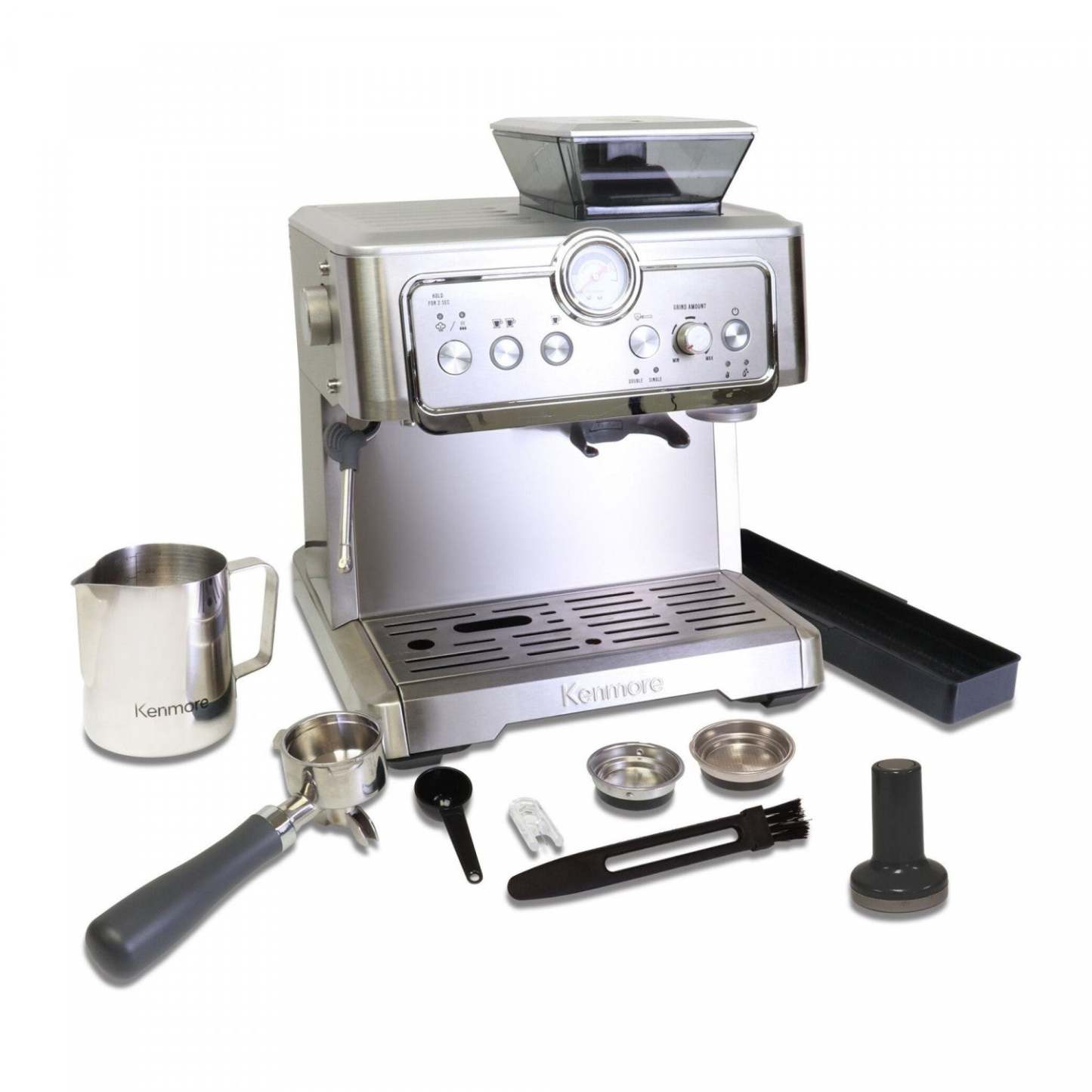 Kenmore Espresso Machine Stainless Steel Manual Tamp Coffee Maker - KKCMEMT|Machine à espresso Kenmore avec presse-mouture manuelle, acier inoxydable - KKCMEMT
